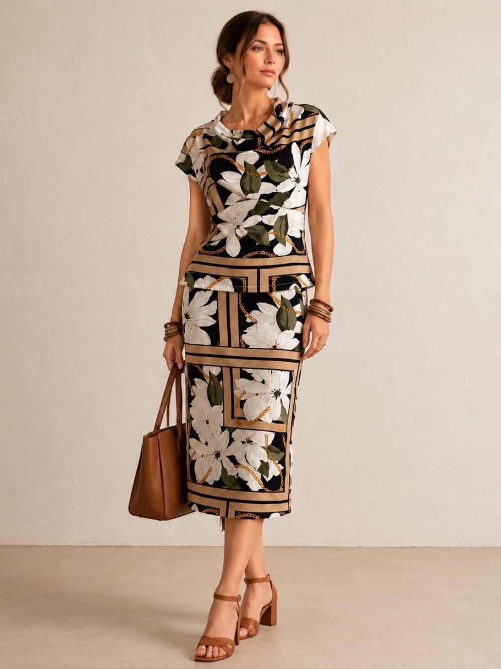 NY&C 7th Avenue Floral Chain Print Blouse & Skirt Set Medium Career Office Chic